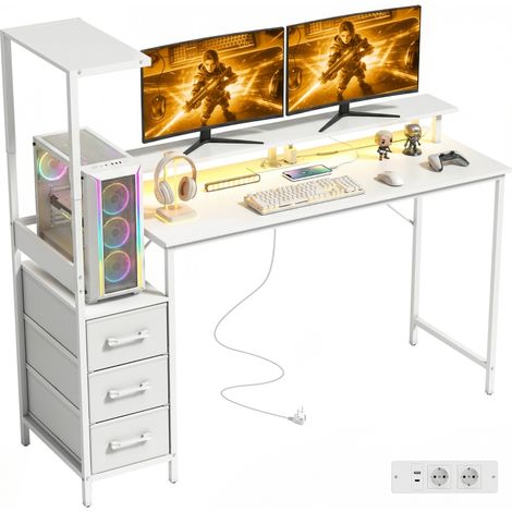 Bureau gaming 147 cm, table d'ordinateur avec support CPU réglable et réversible, éclairage RGB, prises électriques, ports USB et USB-C, support