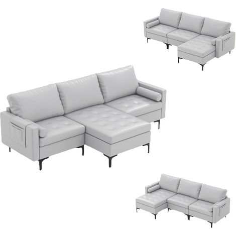 COSTWAY Sofá Modular de Esquina en Forma de L, Extra Grande con USB, Patas de Metal Sólido, 2 Cojines Desmontables Incluidos, Sofá de Esquina de Tela para Salón, Dormitorio,Gris Claro (Modo 4) (1/5)