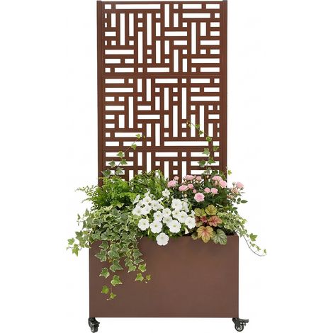 Jardinière Surélevée avec Treillisen métal, Décoratif Pots de fleurs avec Les roues Écran d'Intimité pour plantes grimpantes (190 cm Haut, Brun) (1/5)