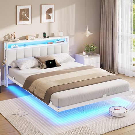 Lit 160x200 avec Multiprise et Éclairage LED, Lit 2 Personnes Flottant avec Tête de Lit Rangement, Cadre de Lit 160x200 avec Sommier en Métal, Structure Stable, PU Blanc (sans Matelas) (1/5)