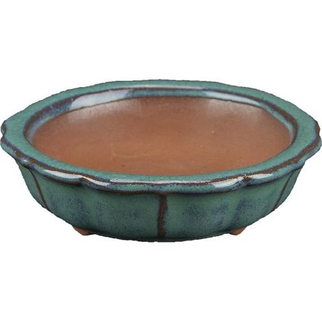 Vaso per bonsai rotondo (forma a fior di loto) in gres smaltato verde 6,5x6,5x2 cm - SF27