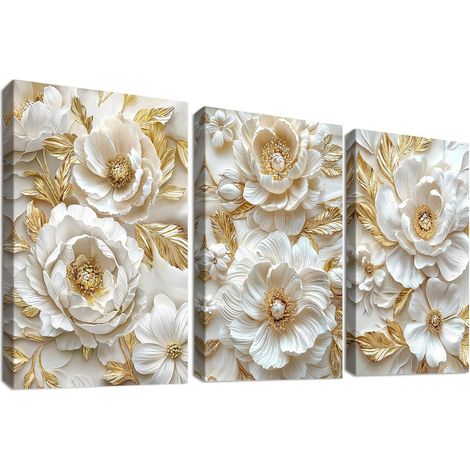 Quadri Tela Decorazione Fiori Beige Oro Set 3 50x70 cm (1/5)