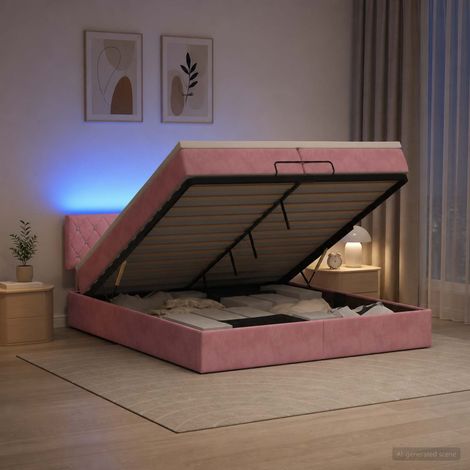 vidaXL Lit coffre avec matelas et LED Rose 200 x 200 cm Velours (1/5)
