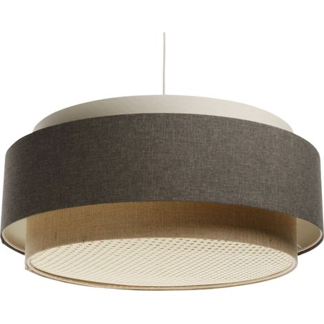 Suspension boho élégant en tissu et rotin ambiance chaleureuse - Beige crème avec rotin naturel (1/5)