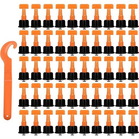 50-teiliges Nivelliersystem-Set, inklusive Nivellierfüßen, Spezialschlüsseln, Unterlegscheiben, Wandhalterungen und Zubehör für die Nivellierinstallation. (1/5)
