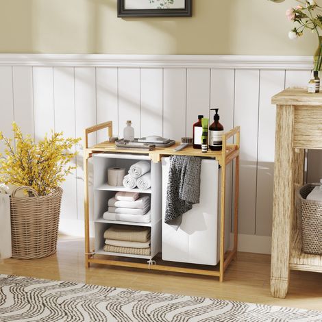 CHICFURN Cesto de ropa de bambú blanco de 4 compartimentos 70x36x70 cm con 2 bolsas y estante (1/5)