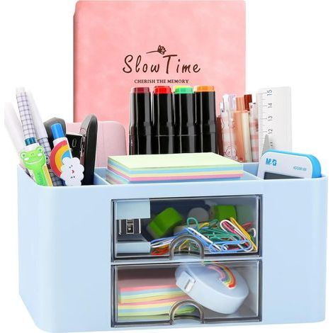 Porte-stylo de bureau, organiseur de bureau, 7 compartiments pour fournitures de bureau, boîte de rangement de bureau en plastique avec tiroirs, porte-stylo multifonctionnel (1/5)