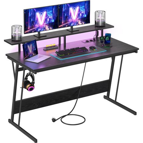 Bureau Gaming avec LED et Multiprise, Table Gamer, Bureau Informatique avec Rehausseur d’Écran, pour 2 Ordinateurs, Chambre, 120 x 55 cm, Noir Boisé (1/5)