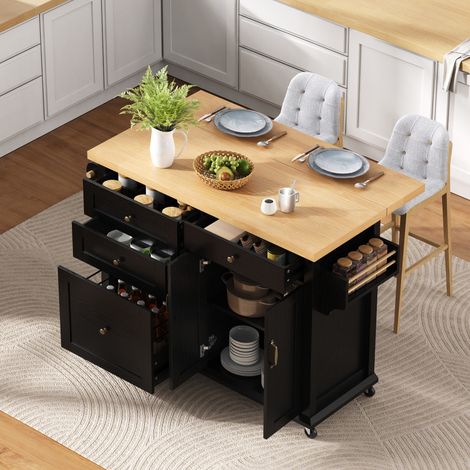 Îlot de cuisine mobile à roulettes, plateau extensible, 107x45-70x90,5 cm, noir, MDF, FloraGrace (1/5)