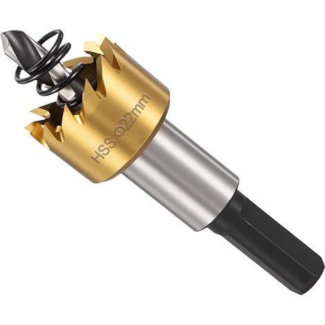 Kit de Trépan 22mm (7/8"), Trépan en Acier Rapide M35 avec Foret de Centrage, Clé Hexagonale et Ressort - pour Métaux Mi-Durs, Bois, Plastique, Placo, Panneaux PVC, Or (1/5)