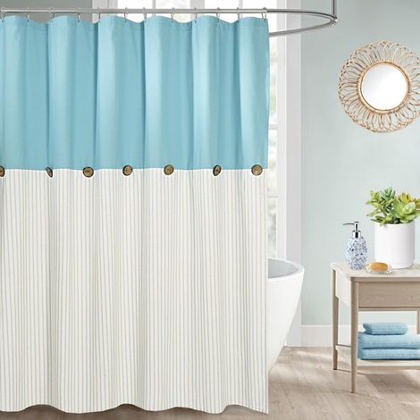 Rideau de Douche à Rayures Beige et Bleu Sarcelle pour Salle de Bain, Rideau à Boutons, Tissu tissé en mélange de Coton, Style Rustique Chic, 182,9 x 182,9 cm (1/5)