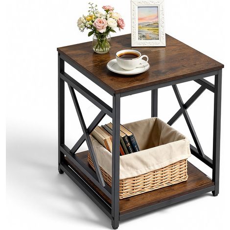 VEVOR Mesa Auxiliar Cuadrada 2 Niveles con Estantes Abiertos, Mesita de Noche con Marco de Metal en Forma de X, Escritorio de Centro 45,7x45,7x51 cm, para Sala de Estar, Dormitorio, Oficina, Marrón (1/5)