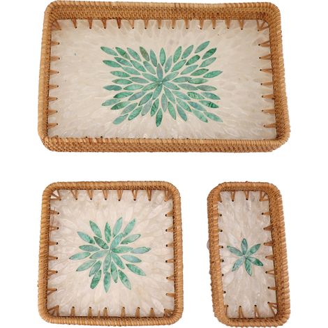 Plateau en rotin 3 pièces, corbeille à fruits rectangulaire, plateau de rangement polyvalent pour maison et restaurant, feuille verte (1/5)