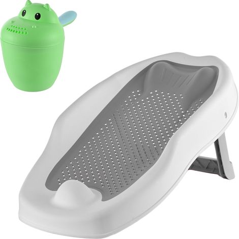 Set de baño bebé Relaxdays con vaso de enjuague, sin lágrimas, soporte antideslizante, 19×51,5×30 cm, PP/TPE, gris (1/5)