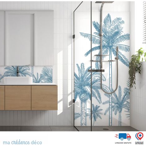 Panneau de douche : Palmiers colorés - Couleur Bleu Pastel - Alu composite - 90 - 245 (1/3)