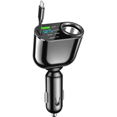 180-W-Autoladegerät mit LED-Voltmeter und 3 Anschlüssen USB-C 30W PD QC3 0 70 cm langes einziehbares Kabel superschnelles Laden für Laptop Tablet (1/5)