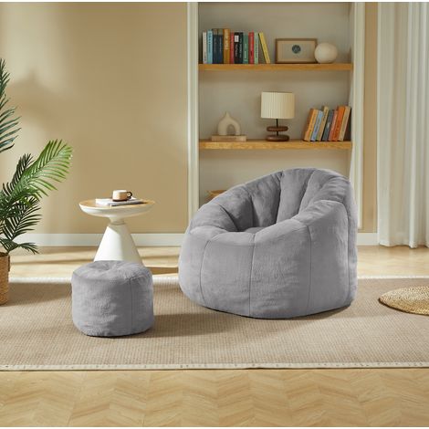 Fauteuil pouf 105x105x70 cm en tissu peluche gris, moderne pour salon FloraGrace (1/5)