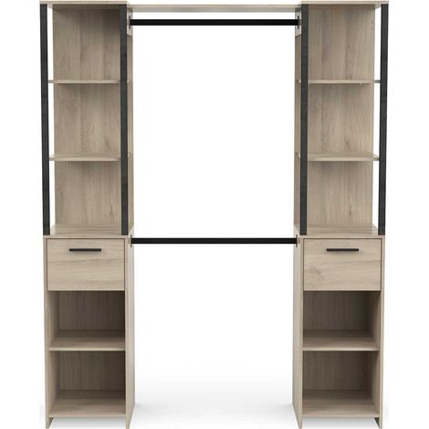 Armoire dressing 2 colonnes 2 tiroirs couleur chêne / noir mat - Largeur 159,8 x Profondeur 49,5 x Hauteur 200,3 cm (1/5)