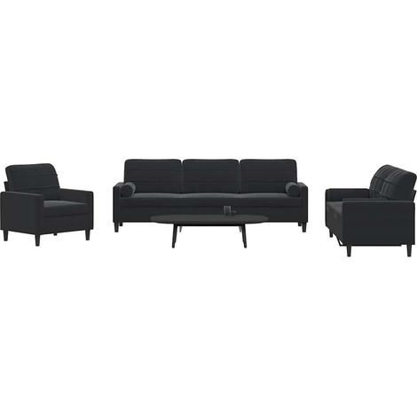Ensemble salon 3 pièces en velours noir, fauteuil et canapés 2 et 3 places, 4 traversins - PANGIVO (1/5)