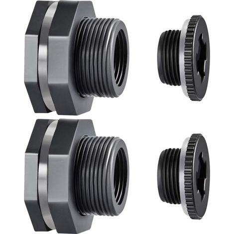 2 Pieces PVC Bulkhead Fitting with Plugs for Rain Barrels, Aquariums, Water Tanks, Tubs, Pools Dark Grey (1/5)