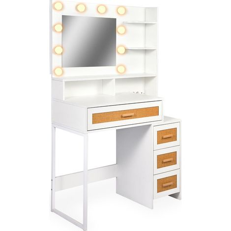 Coiffeuse avec Miroir LED 3 Couleurs – 4 tiroirs – 92 cm – Bois Blanc et rotin – Prises USB intégrées – Table de Maquillage Moderne (1/5)