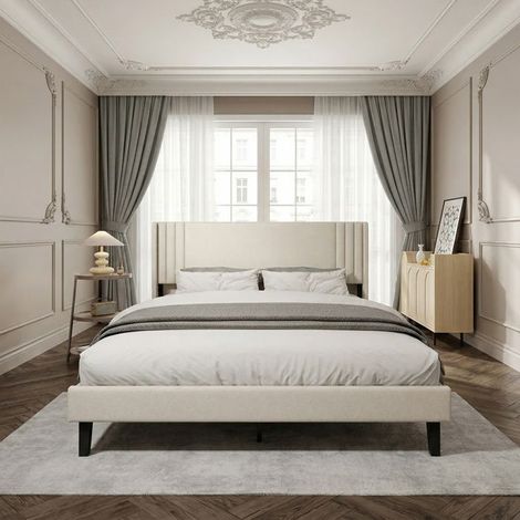 Lit 160x200 cm, Lit Capitonné, Tête de Lit en lin, Lit Double avec Sommier à Lattes, Lit Adulte pour 2 Personne, Beige (1/5)