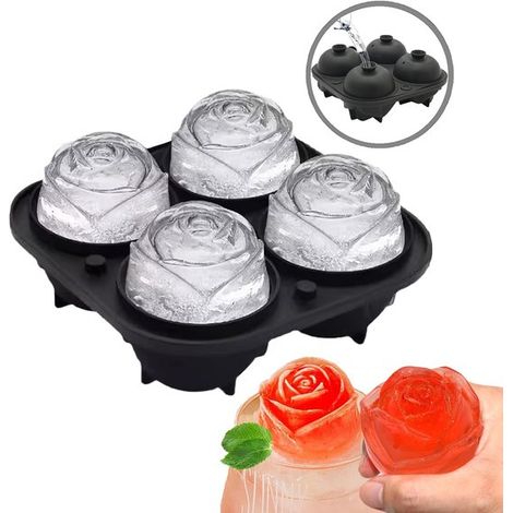 Vassoio per cubetti di ghiaccio a forma di rosa (4 cavità) Vassoio per cubetti di ghiaccio in silicone di grandi dimensioni con motivo floreale e coperchio Stampo fai da te per cocktail, whisky e succ (1/5)