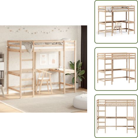 Letto in legno - vidaXL Letto Soppalco con Scrivania 100x200 cm Legno Massello Pino - Letto in pino