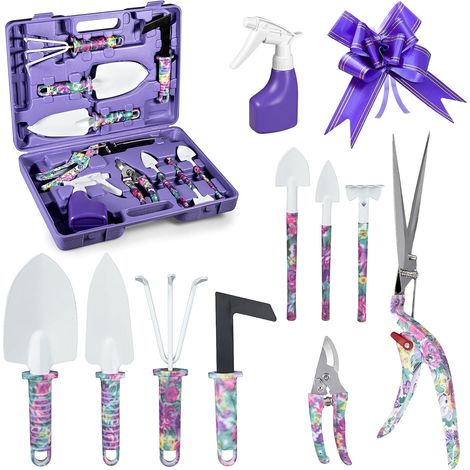 Set di attrezzi da giardinaggio, un robusto kit da 10 pezzi che include attrezzi per scavare, attrezzi per la potatura delle piante e altri accessori per il giardinaggio. (1/5)