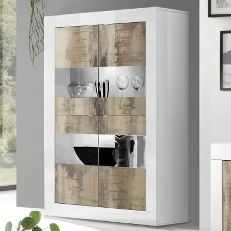 Vitrine moderne 4 portes blanc et bois 100cm CALIA (1/5)