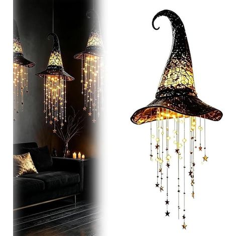 Lot de 1/2/3 décorations d'Halloween avec chapeau de sorcière lumineux et lumière LED, à suspendre pour porche, entrée, fenêtre, terrasse et jardin. 1 pièce (1/5)