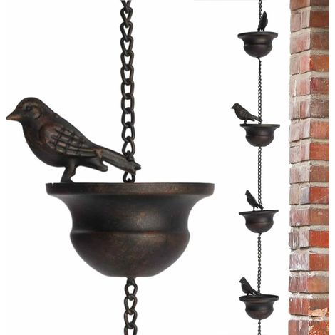 Cadena de lluvia para canaleta, cadenas de lluvia para exteriores - Campanillas de lluvia para canaleta, pájaros en cuenco - Campanillas de lluvia de 7.8 pies con colgador adjunto y 8 (1/4)