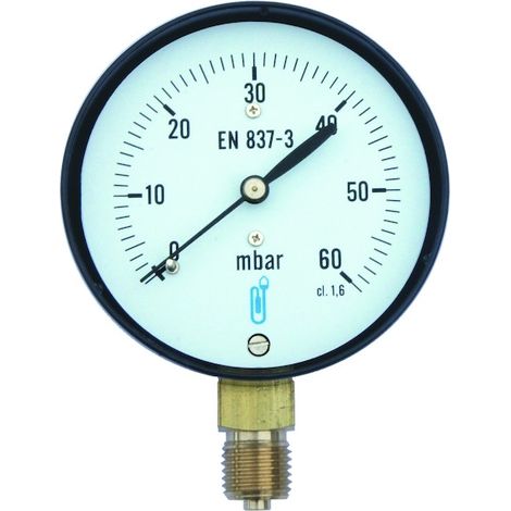 Distrilabo – Manomètre gaz 618 – Diamètre 63mm – Raccordement vertical 1/4' – Boîtier acier noir – Graduation 0 à 60 bar – Classe 1.6