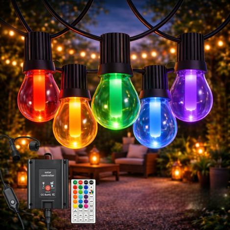 Guirlande lumineuse solaire LED d'extérieur 8 m, RGB à intensité variable, 10 ampoules, étanche IP54, décoration de jardin, patio, façade, terrasse (1/5)