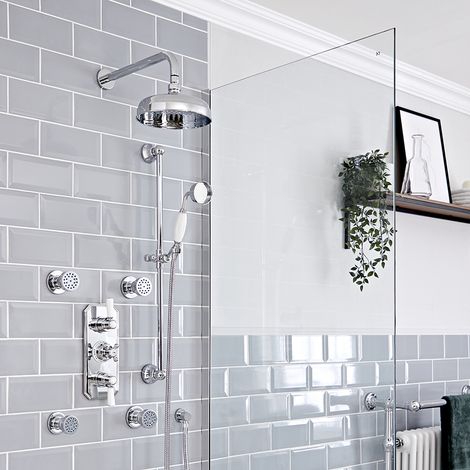 Hudson Reed Elizabeth - Kit de douche rétro - Mitigeur thermostatique à triple fonctions avec inverseur&44 Pommeau de douche pluie rond de 20 cm&44 Kit douchette sur rampe et Buses hydromassantes - Ch (1/5)