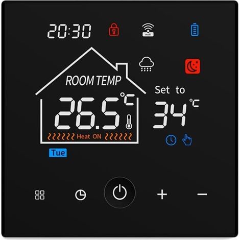 Thermostat de chaudière programmable avec sécurité enfant – Contrôle tactile – Modes d'économie d'énergie – Programmation hebdomadaire – Noir