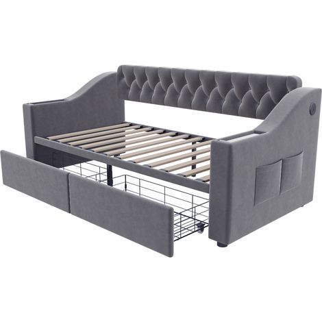 Letto divano capitonné 90x190 cm in velluto grigio scuro con USB, contenitori e 2 cassetti MODENUIT (1/5)