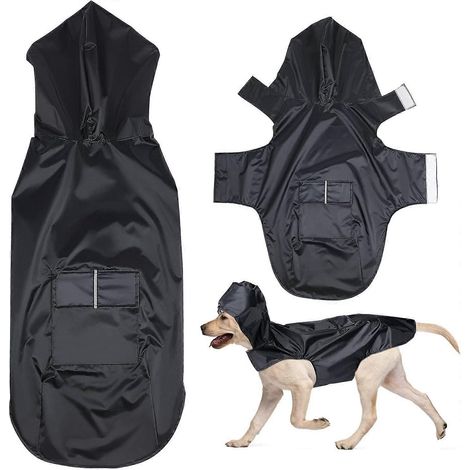 Imperméable à capuche pour chiens moyens et grands, poncho réfléchissant avec ouverture pour harnais et poches, veste de pluie (noir, 5XL) (1/4)
