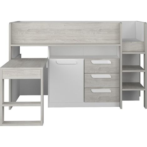 Lit combiné 90 x 200 cm - Avec bureau et rangements - Blanc et naturel + Matelas - LOUKALA (1/2)