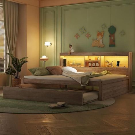 Lit de jour - KOMHTOM - 140x200 cm - LED intégrée - Lit escamotable 90x190 - Rangement latéral & prise USB (1/5)