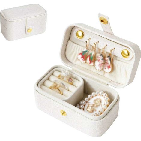 Portagioie due in uno in perle e pelle, scatola portatile per anelli, espositore da viaggio per orecchini da donna (9,5×5×5 cm)