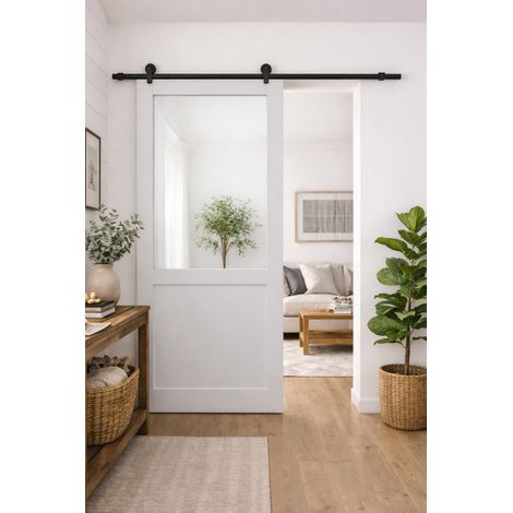 Porte Coulissante Atelier Blanc H204 X L83 Sans Meneau + Rail A Roulettes Noir