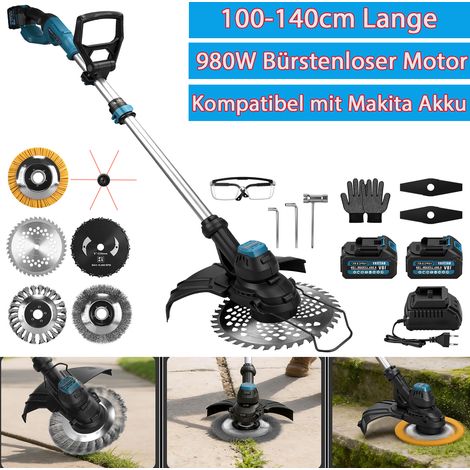 980W 14800U/min Sans Balais Sans Fil 980W 14800U/min Débroussailleuse Électrique avec 2x Batteries Compatible Makita 21V Longueur Réglable 90-136cm 7 Types Lames Jusqu'à 300mm pour Jardin Cours Pelous (1/5)