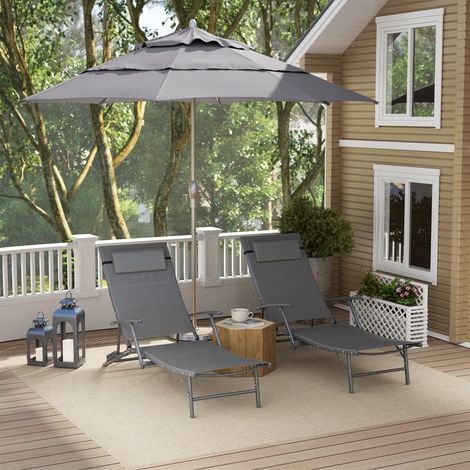 Set 2 Sdraio da Giardino Pieghevoli con Schienale Regolabile su 4 Livelli e Cuscino, Grigio