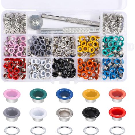 Kit de 300 œillets métalliques multicolores de 5 mm avec outils de pose pour chaussures, vêtements, sacs à main et loisirs créatifs (10 couleurs). (1/5)
