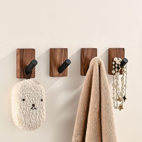 Set aus 4 Holzwandhaken, selbstklebend und dekorativ, im Bohème-Stil, aus Walnussholz, zum Aufhängen von Handtüchern, Kleidung, Decken, Hüten, Rucksäcken, Bademänteln, Kinderzimmertüren usw. (1/5)