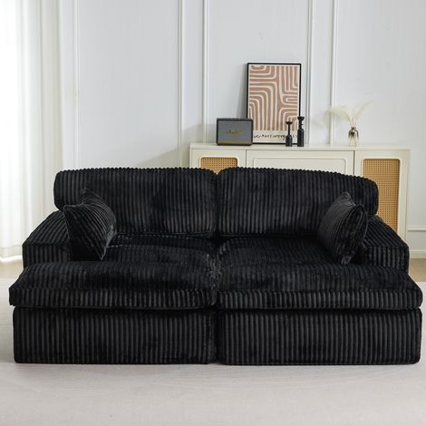 Canapé-lit modulable en velours côtelé avec chaise longue, design prêt à l'emploi, spécialement conçu pour les appartements compacts, noir