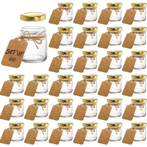 Kingrol Lot de 60 bocaux en verre de 1.5oz avec couvercles, mini bocaux Mason avec étiquettes personnalisées et ficelle pour épices, herbes, confitures, travaux manuels, cadeaux de mariage (1/4)