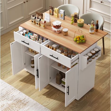 Carrito de cocina 120x71x92 cm con 4 puertas, 2 cajones, bandeja de mesa plegable, toallero, especiero, blanco (1/5)