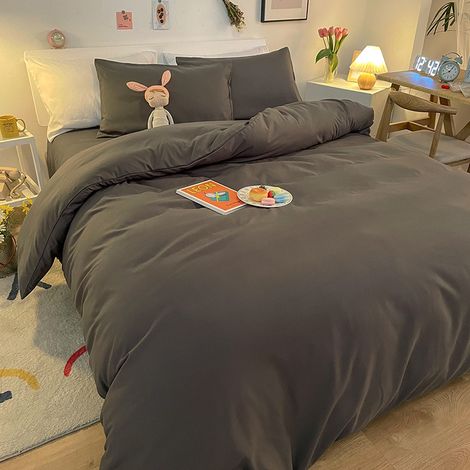 Dicke, gebürstete Baumwoll-Bettwäsche im Studenten-INS-Stil, Dunkelgrau, 4-teiliges Bettwäscheset mit Spannbettlaken für 180x200 cm Bett-lsw